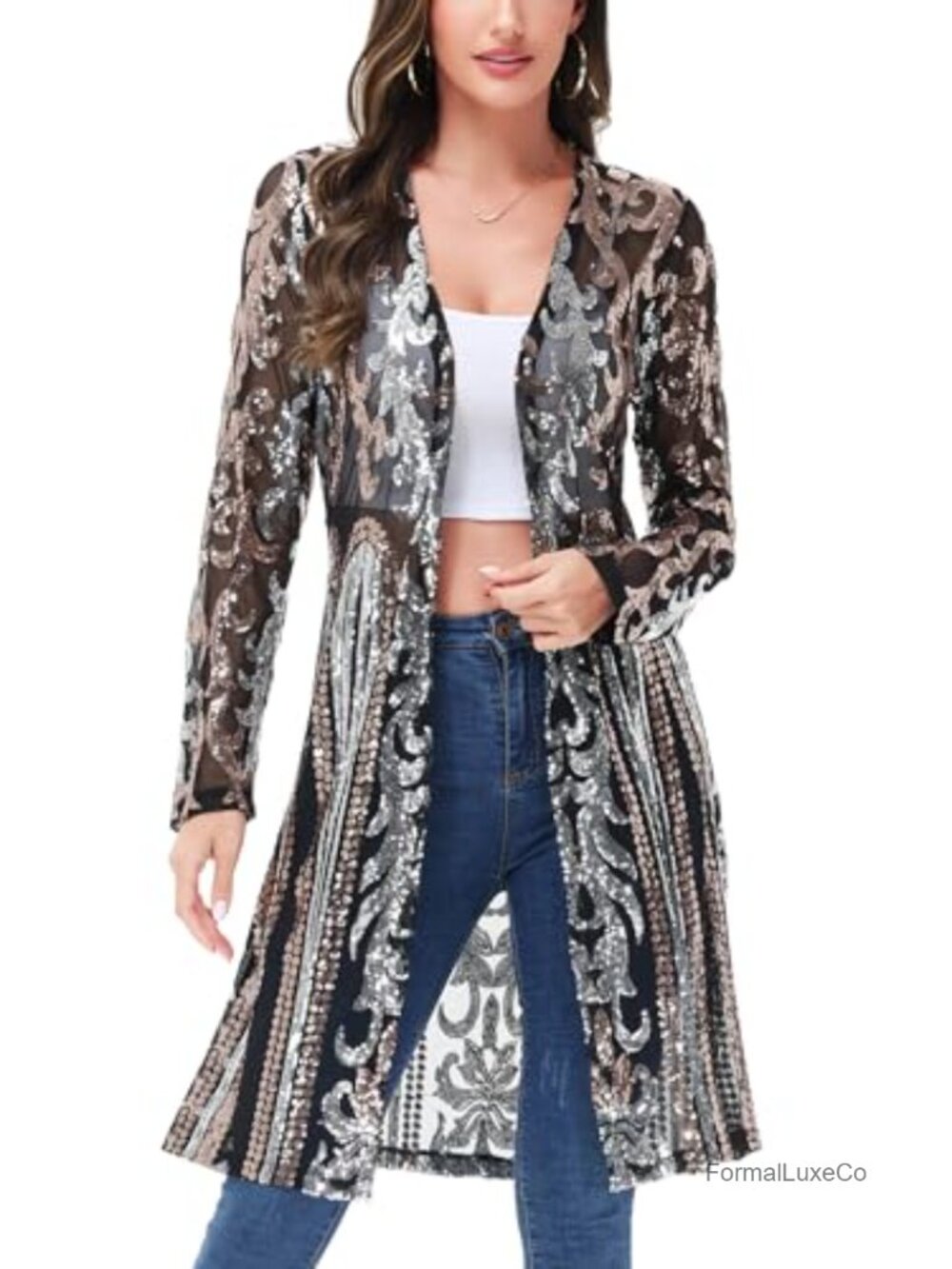 Sequin Cardigan Long Sleeve Open Front Glitter Kimono